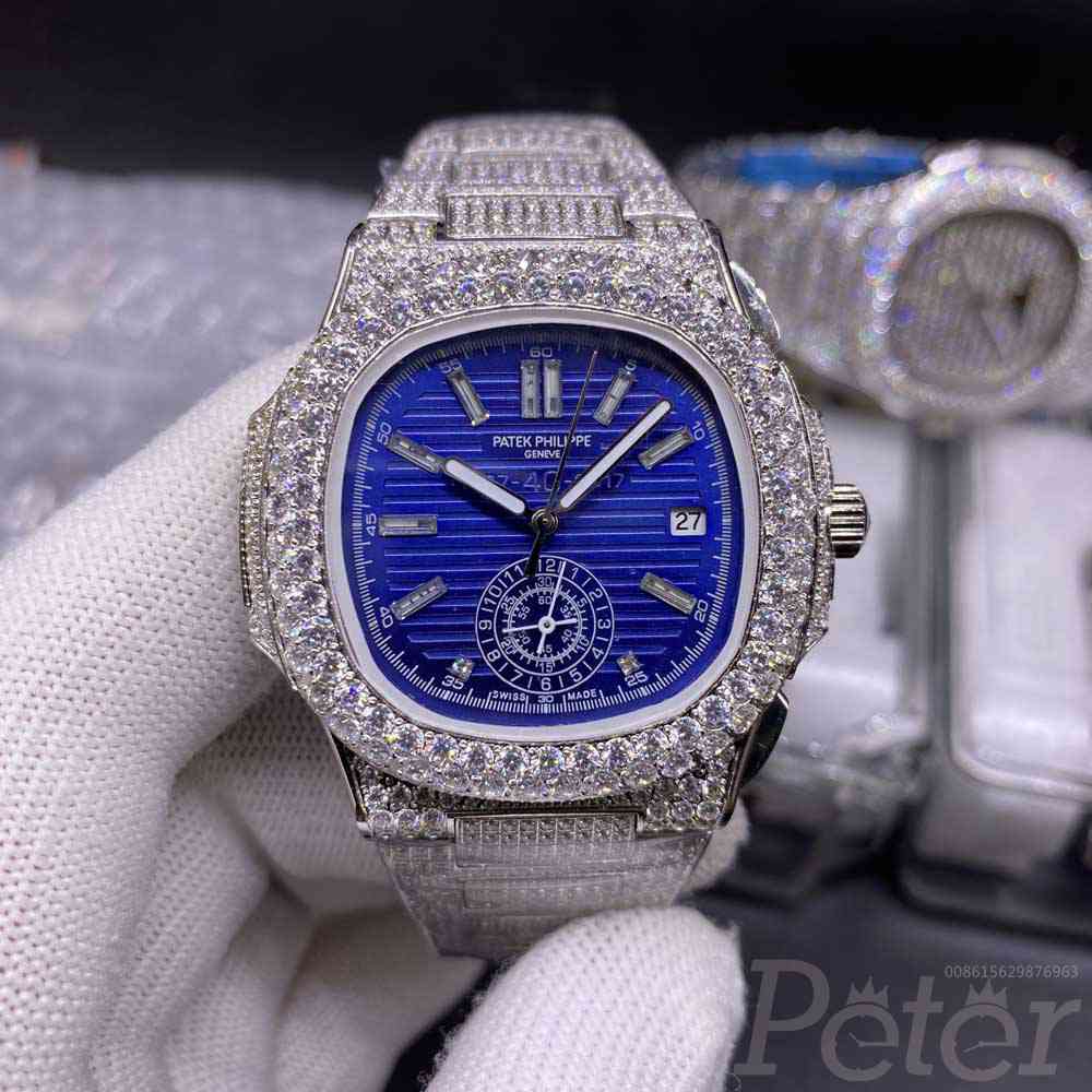 Patek full iced out silver case 40mm blue dial AAA automatic big diamonds bezel stone numbers BL230