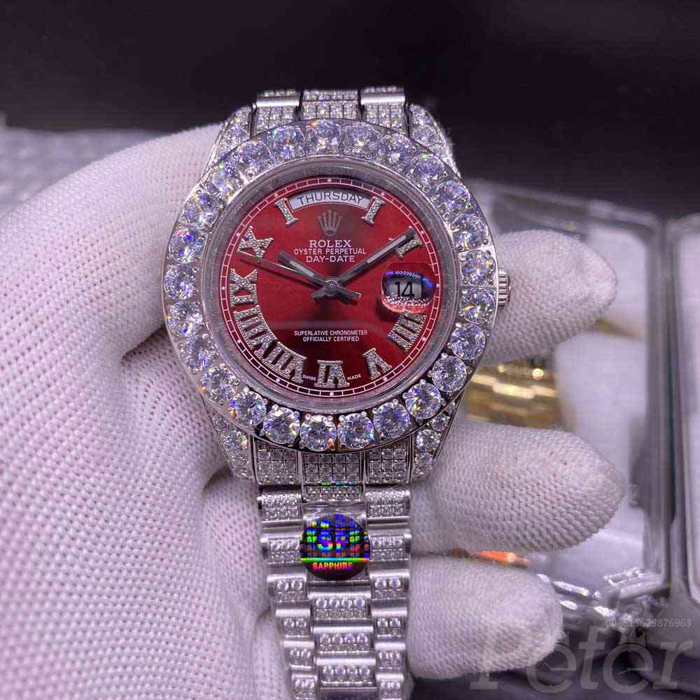 DayDate 44mm red face diamonds roman numbers prongset bezel men AAA automatic M085