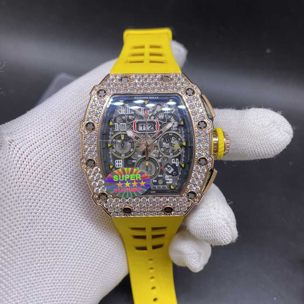 RM11-03 diamonds rose gold case Chronograph 7750 full works yellow rubber strap M285