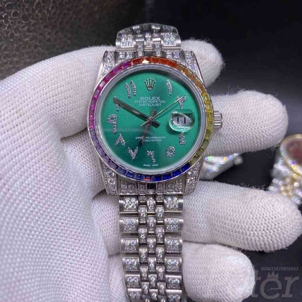 Datejust 36mm silver case green dial rainbow baguette diamonds bezel jubilee band MH105