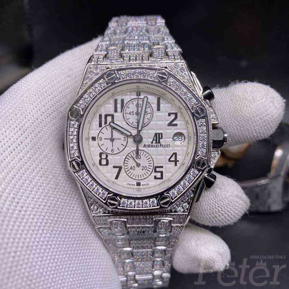 AP quartz movement diamonds silver case 42mm white dial full works men stopwatch M100