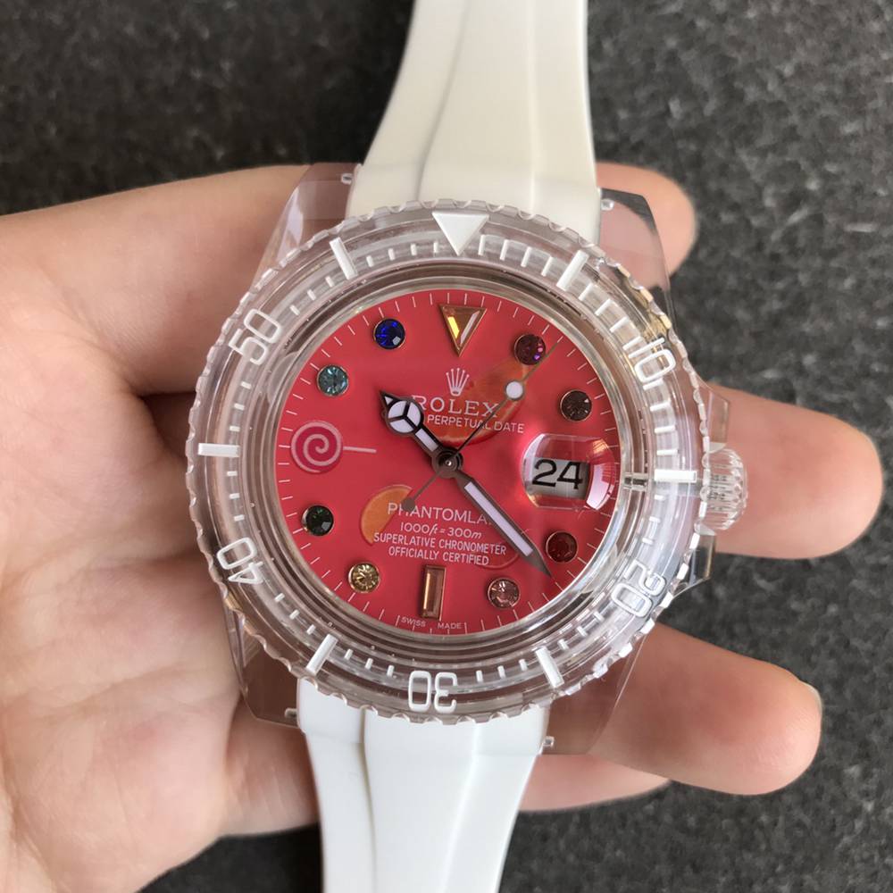 SUB Phantomlab Swiss 3135 crystal see-through case white rubber red dial GR factory WT220