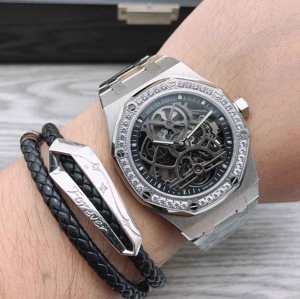 AP skeleton silver case 41mm diamonds bezel stainless steel men watch hands-winding WS120