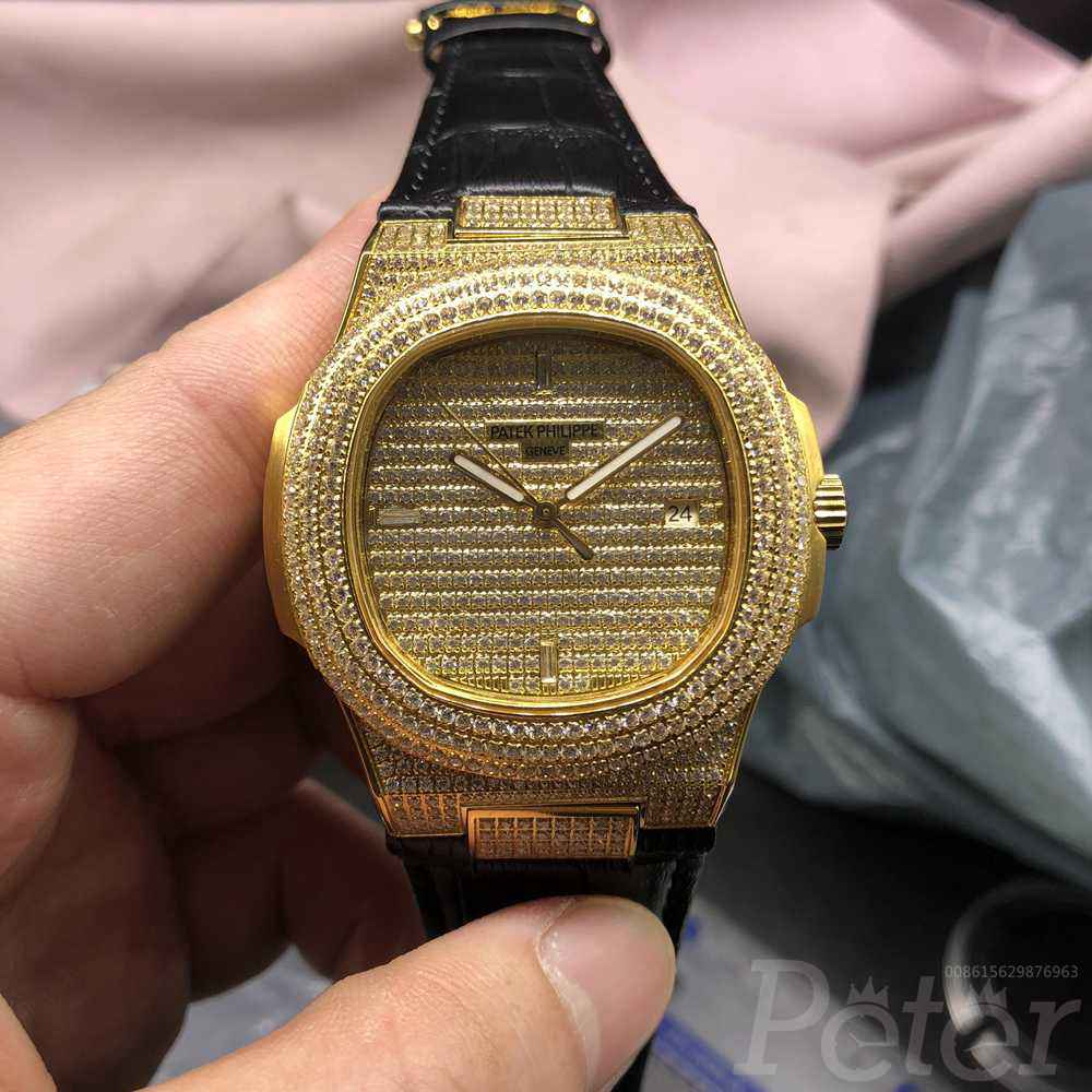 Patek diamonds gold case 40mm with black leather strap AAA automatic XJ080