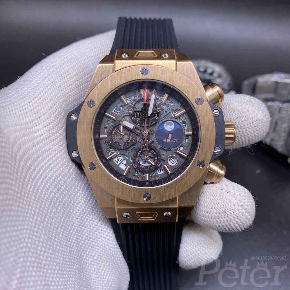 Hublot rose gold case case 42mm bezel vk quartz AAA full works black rubber stopwatch XJ028