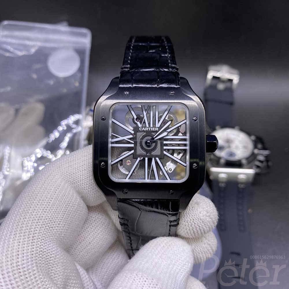 Cartier skeleton black see-through thin case 38mm black leather strap Swiss quartz WS140