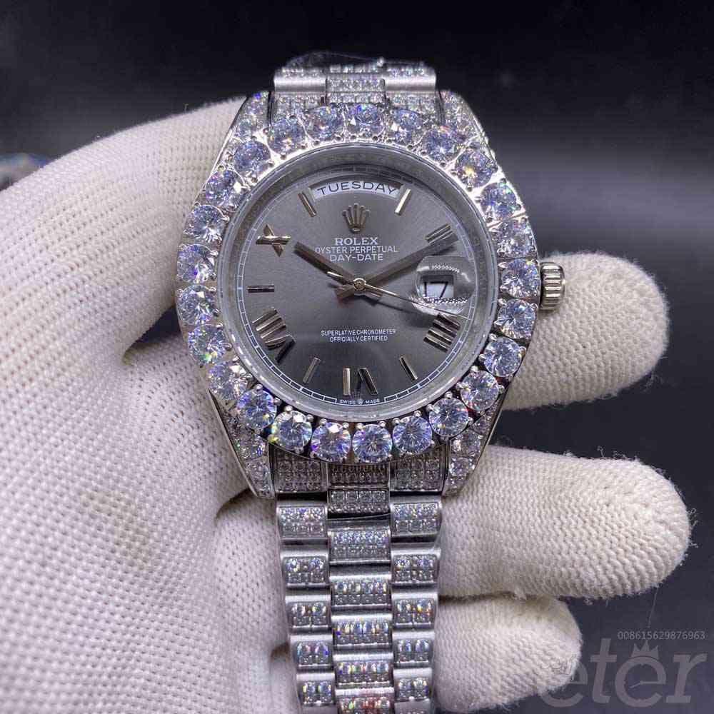 DayDate 43mm full diamonds silver case gray dial roman numbers pronset bezel AAA automatic S090