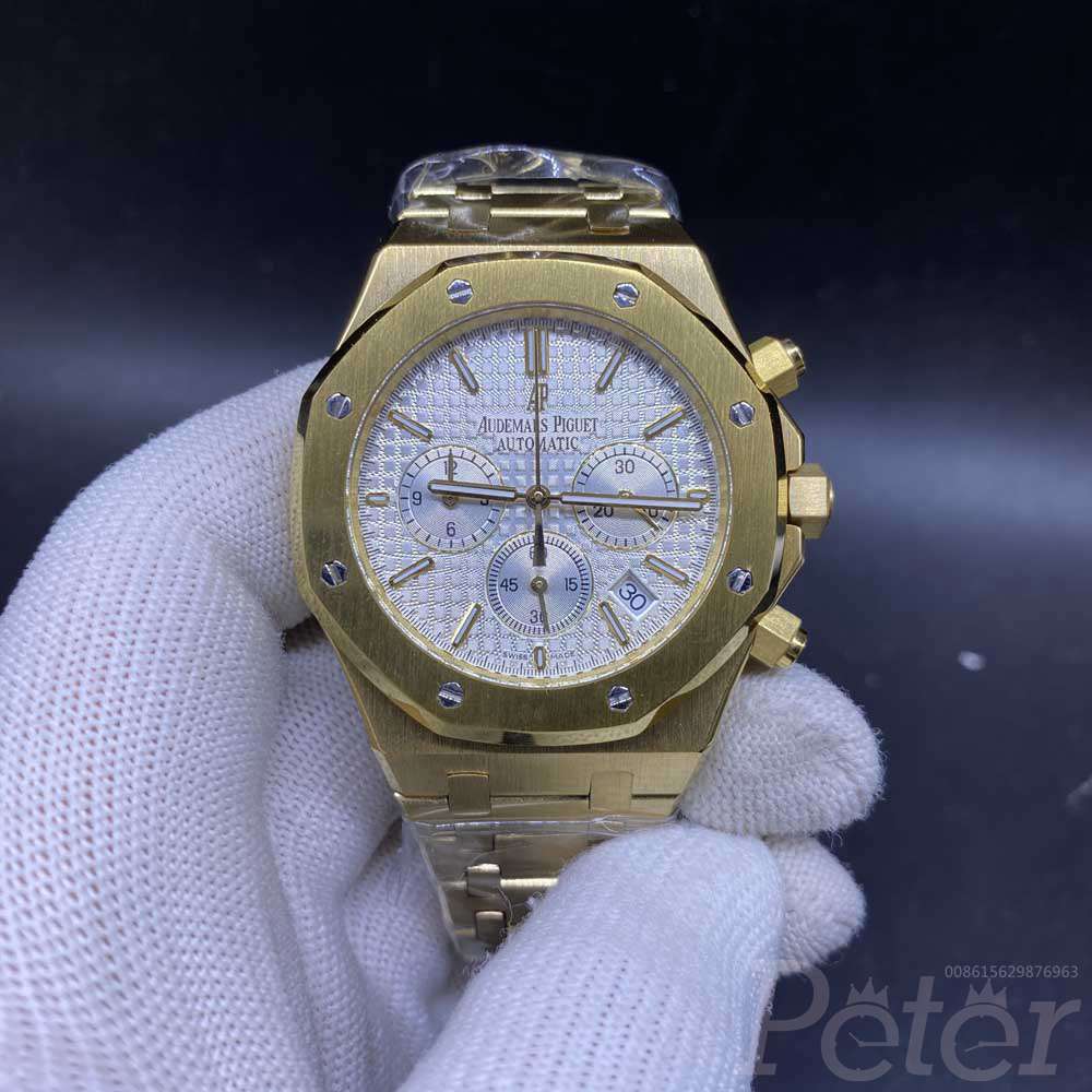 AP yellow gold case 42mm VK quartz full chronograph function white dial men stopwatch XJ030