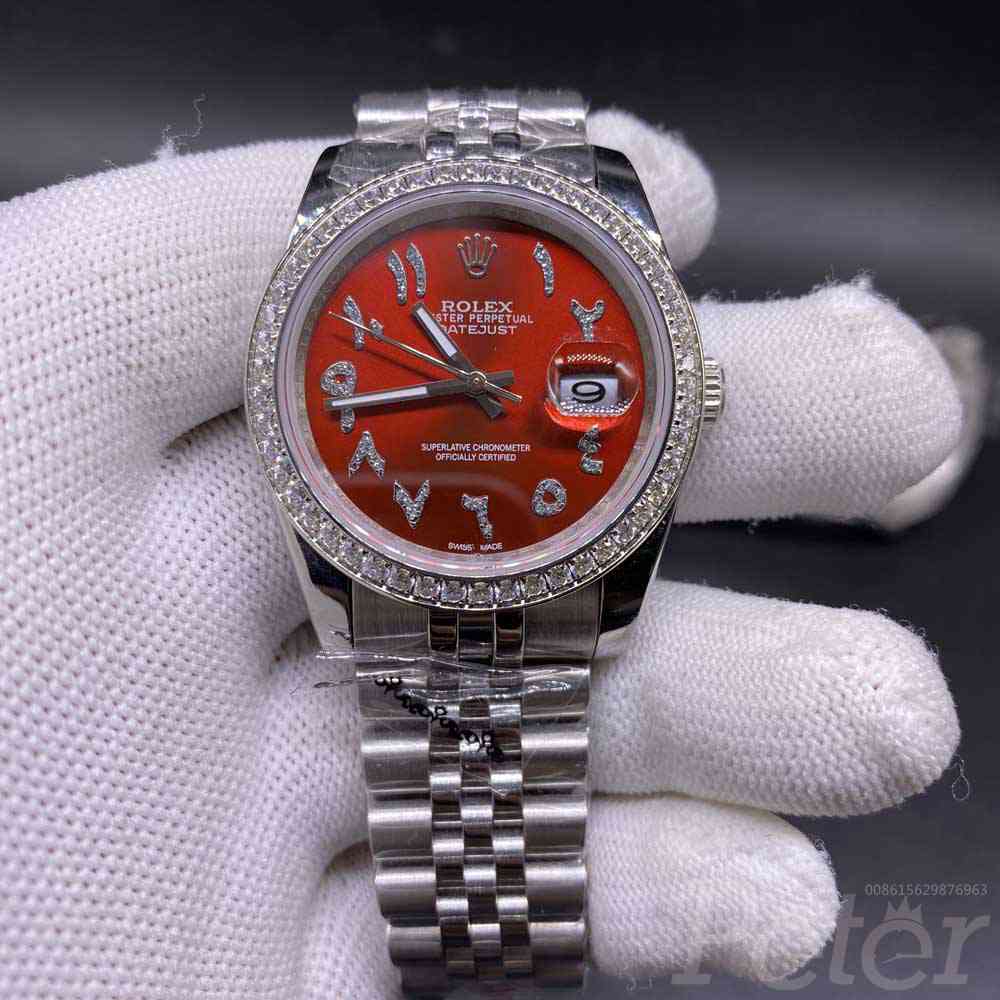 Datejust AAA automatic silver case 36mm red dial stone Arabic numbers women watch MH023