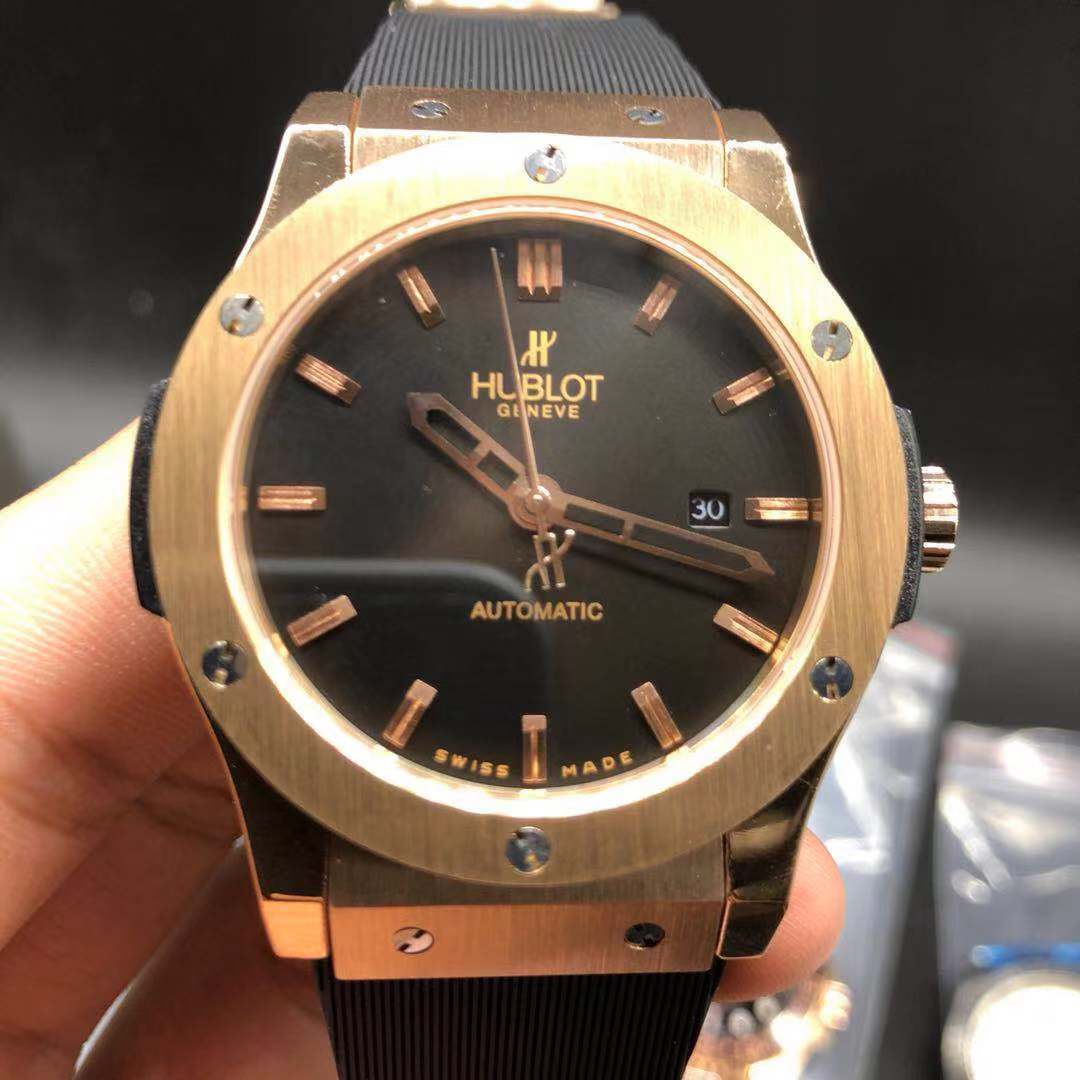 Hublot rose gold case 42mm automatic AAA grade black dial black rubber strap men watch XJ022