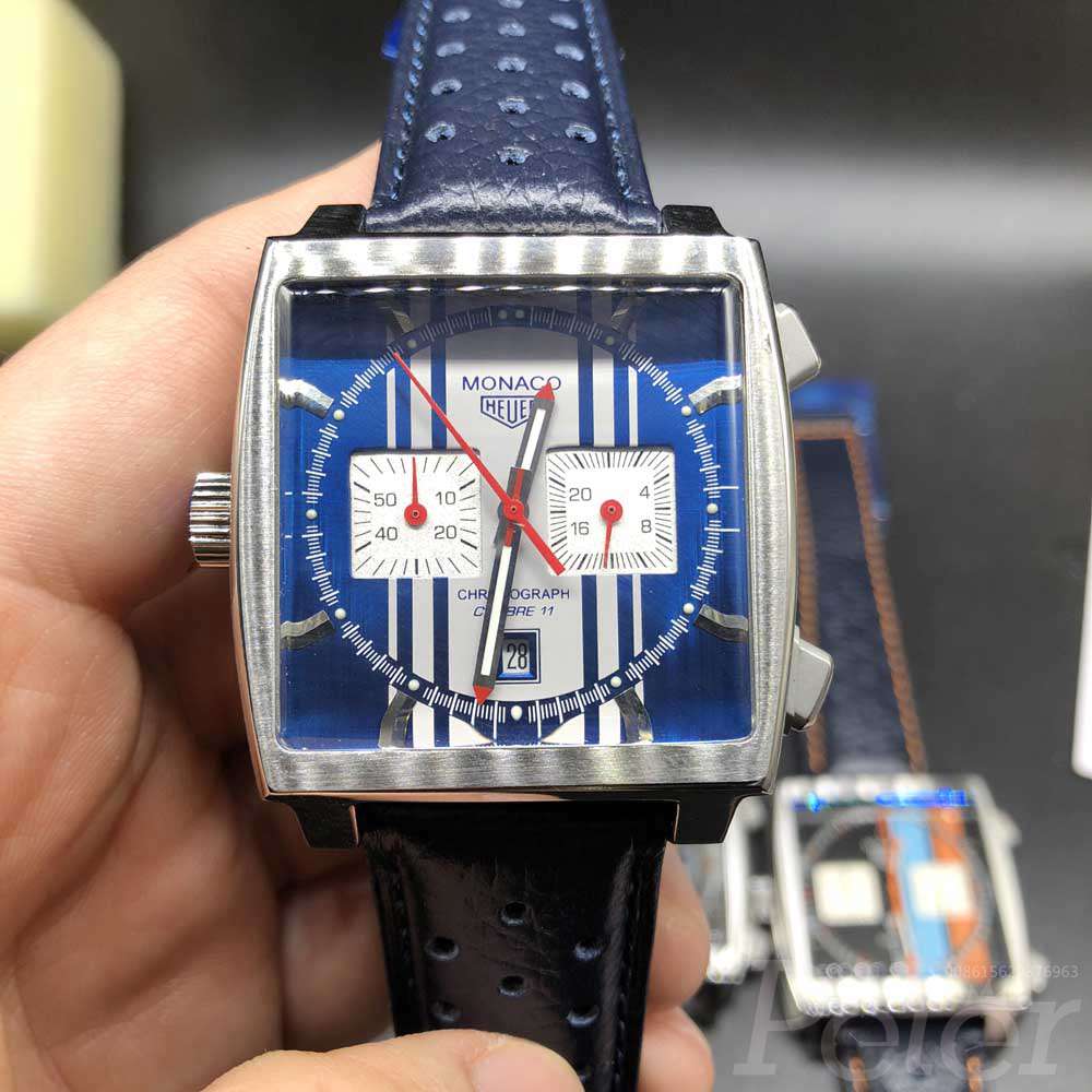 TAG Monaco VK quartz silver case 40mm blue leather band full chronograph function M029