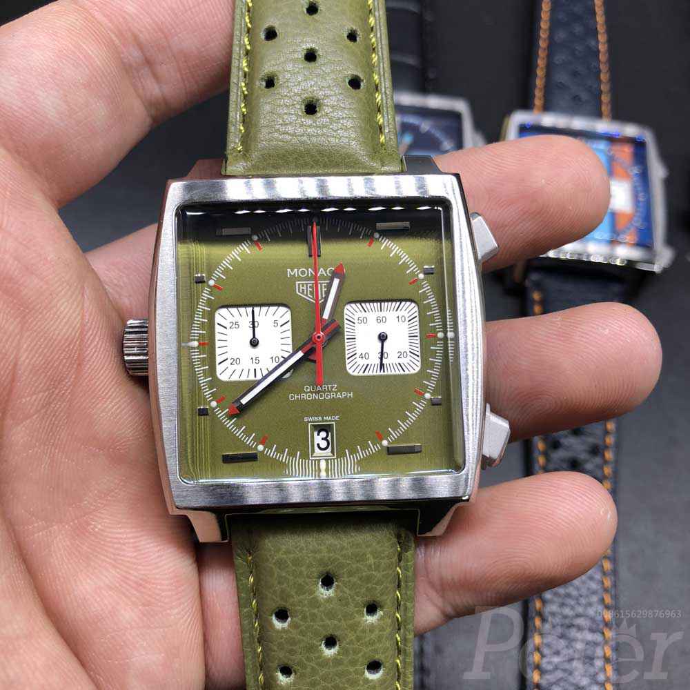 TAG Monaco 40mm silver case green dial green leather strap VK quartz movement M029