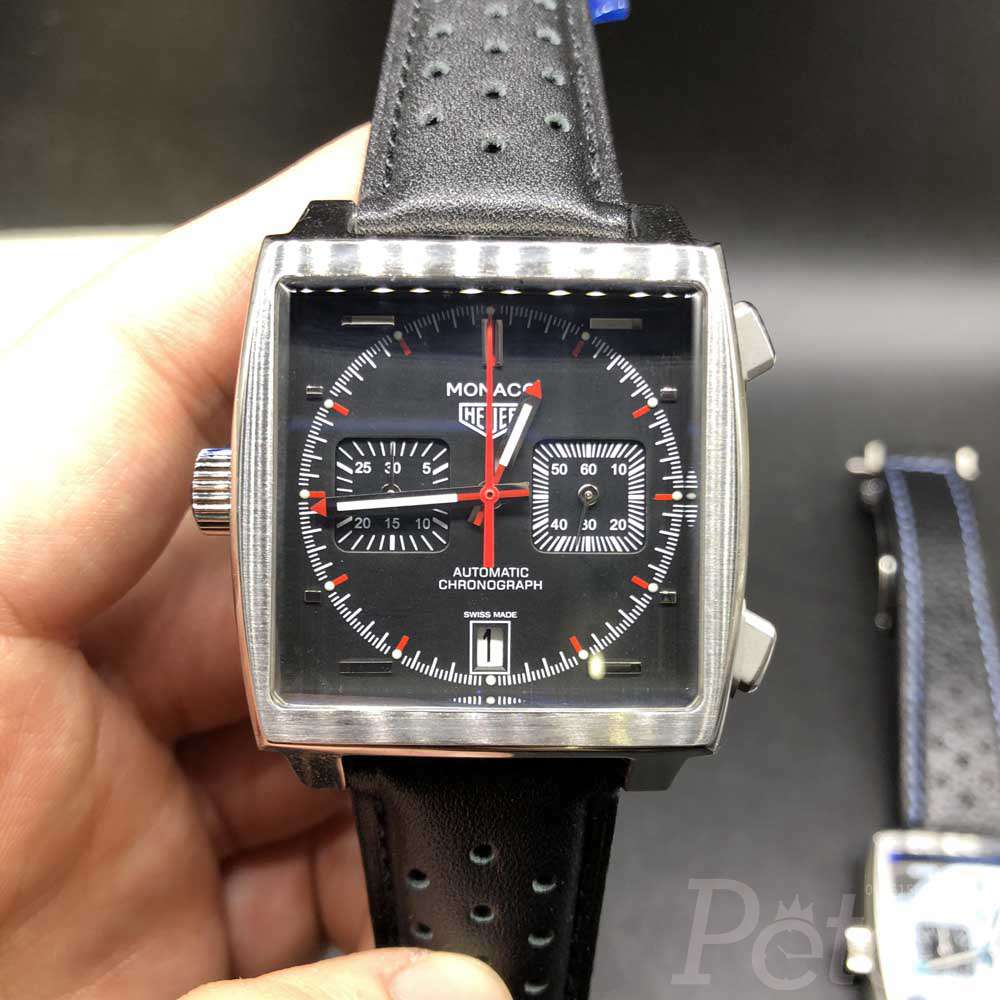 TAG Monaco VK quartz AAA silver/black full chronograph functions black leather band M029