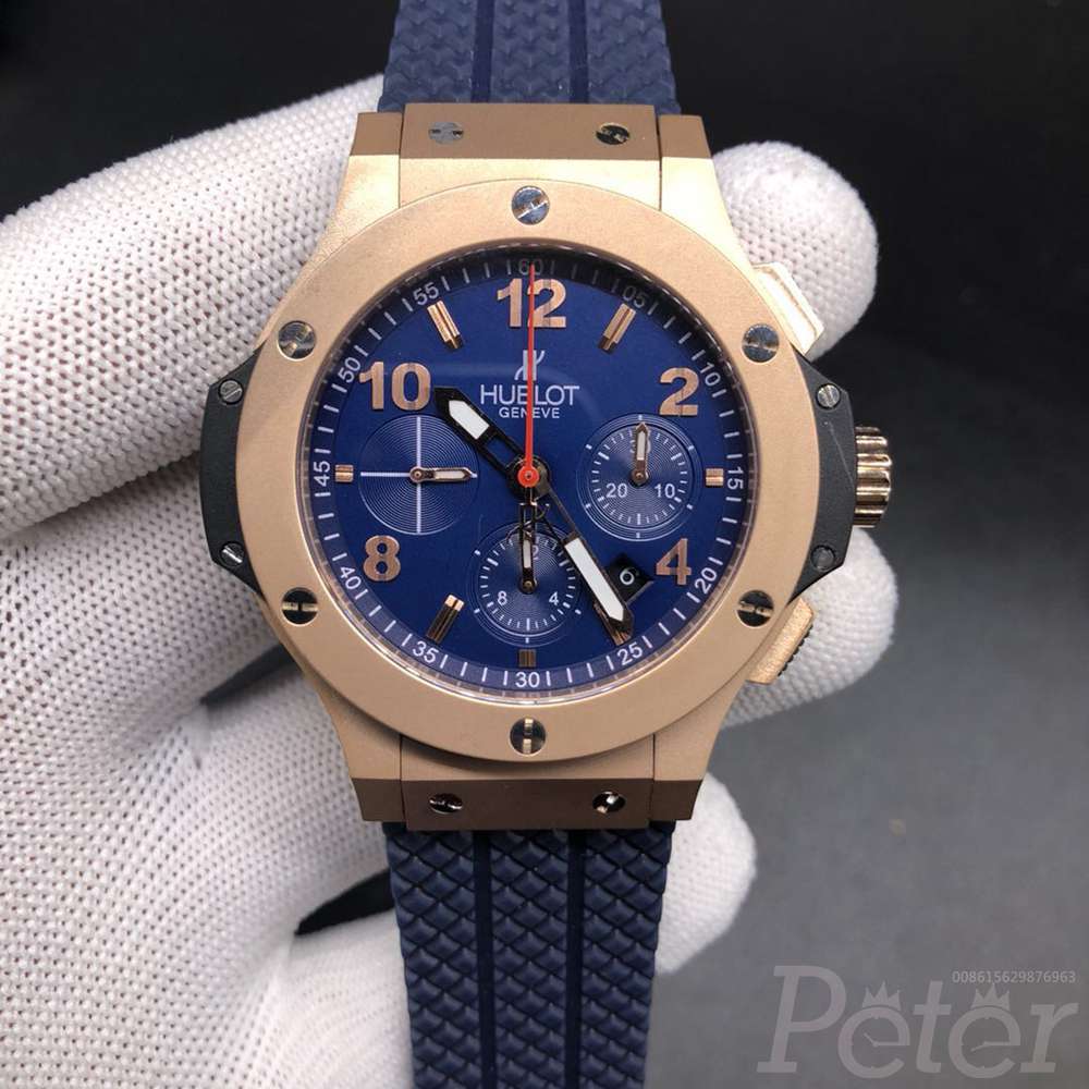 Hublot rose gold case 42mm blue dial Chronograph 7750 full works men watch blue rubber M105