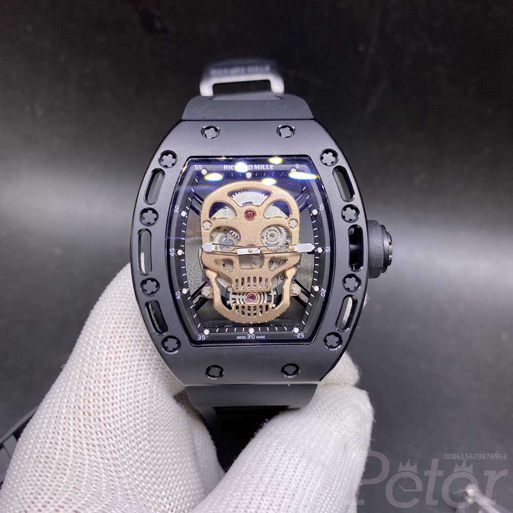 RM052 skull rose gold dial black case 43x50mm black rubber strap Miyota automatic XD063