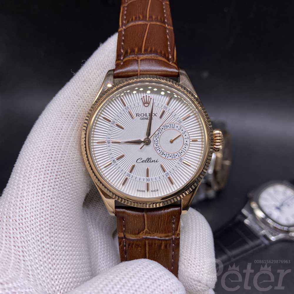 Cellini automatic 40mm rose gold case white dial brown leather AAA grade MH025