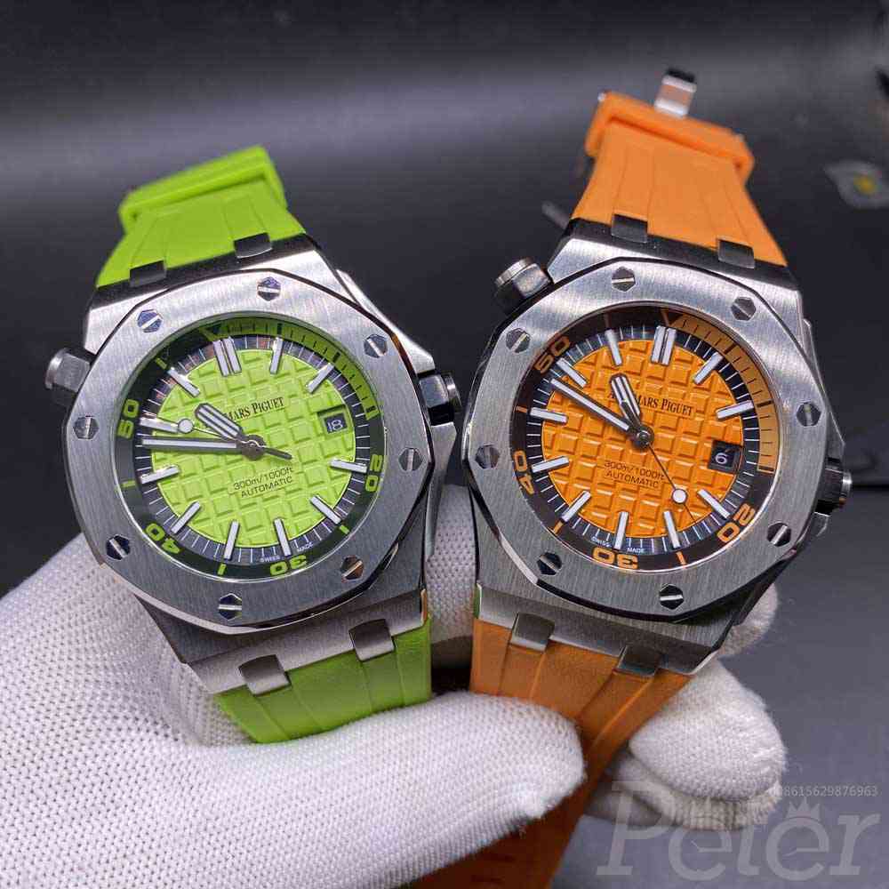 AP automatic 42mm silver case green/orange face rubber strap AAA men watches M030