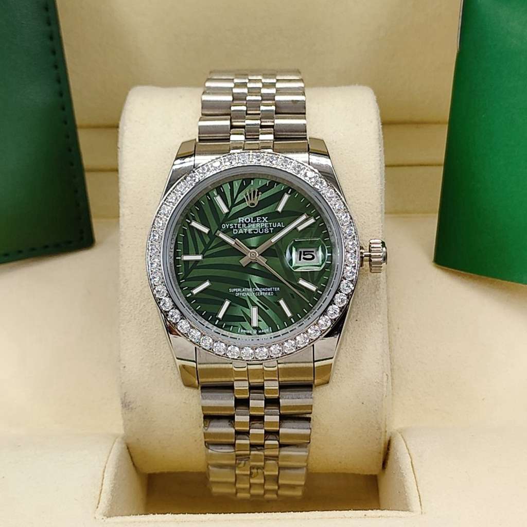 Datejust AAA 36mm steel case palm leaf green dial diamonds bezel jubilee band S025