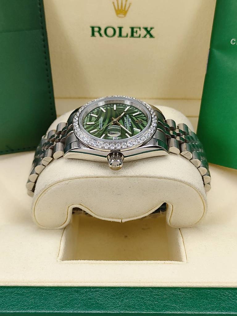 Datejust AAA 36mm steel case palm leaf green dial diamonds bezel jubilee band S025