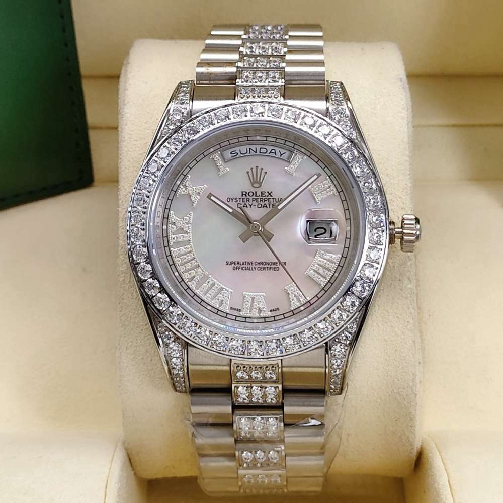 DayDate 41mm silver case white pearl dial diamonds bezel AAA auto stone Roman numbers S045