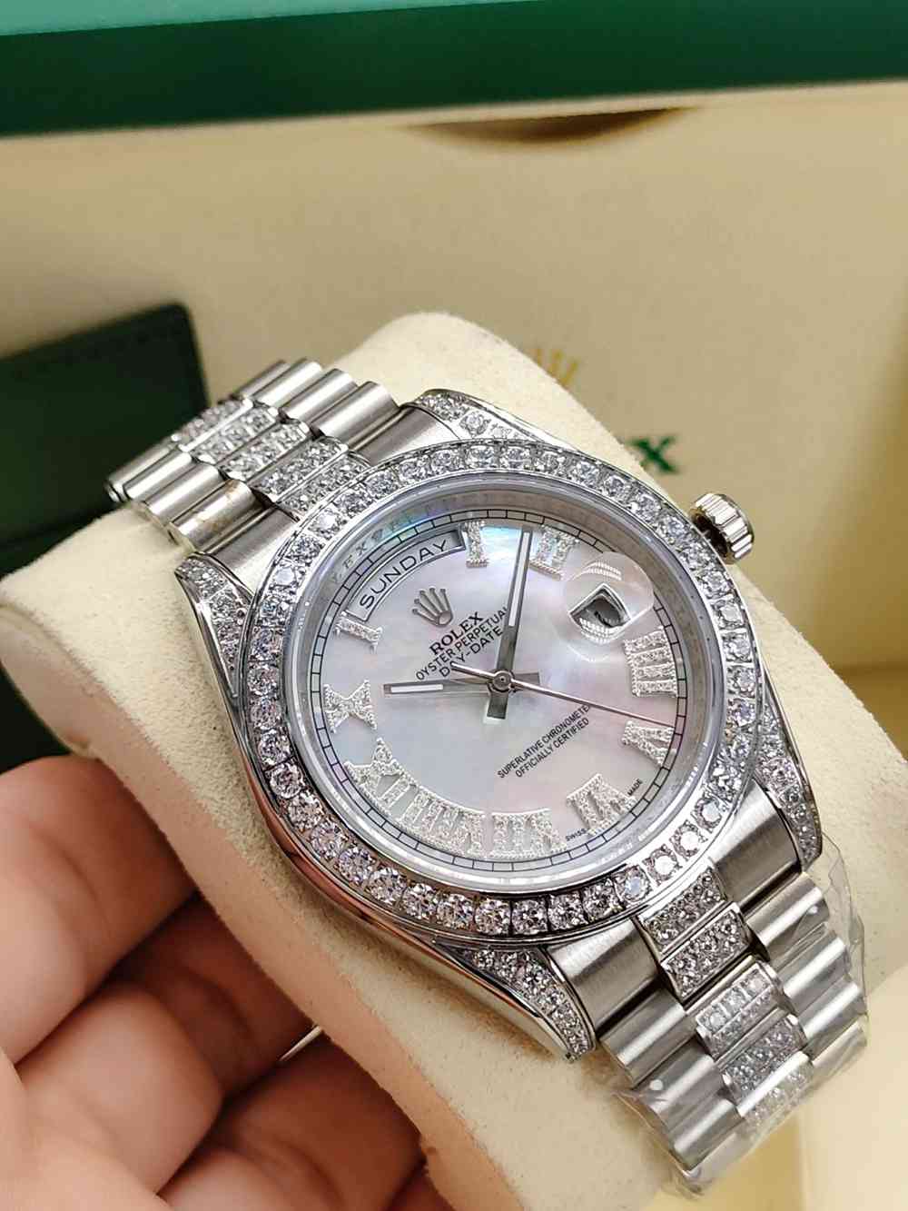 DayDate 41mm silver case white pearl dial diamonds bezel AAA auto stone Roman numbers S045