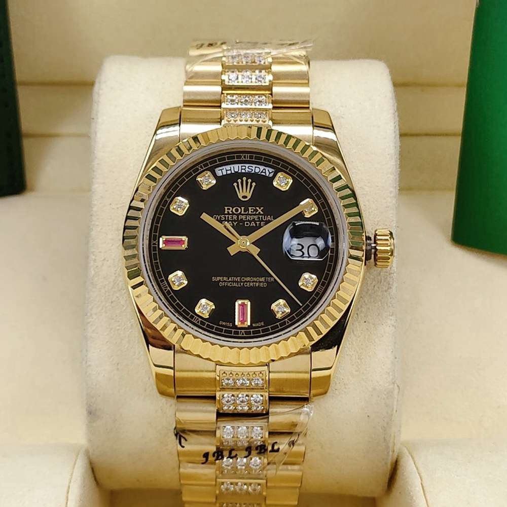 DayDate 36mm AAA automatic 2813 movement gold case black dial diamonds strap S040