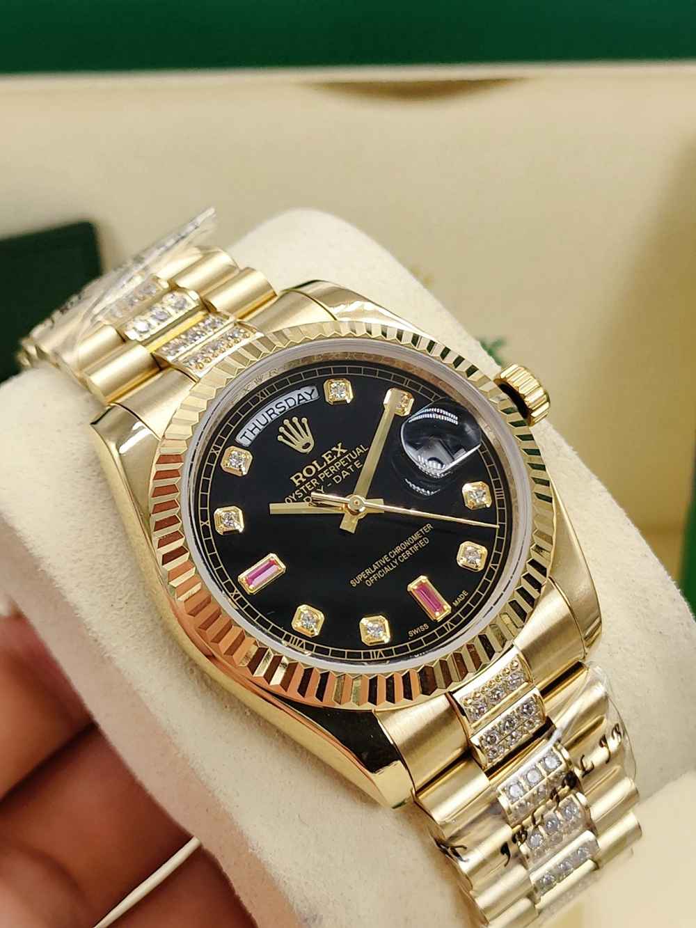 DayDate 36mm AAA automatic 2813 movement gold case black dial diamonds strap S040