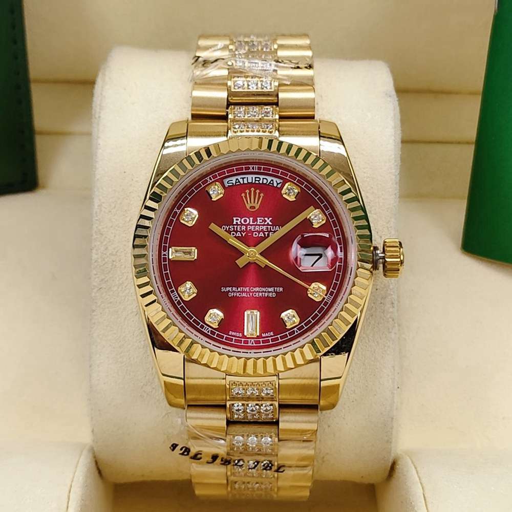 DayDate 36mm AAA gold case red dial fluted bezel diamonds strap automatic 2813 S040