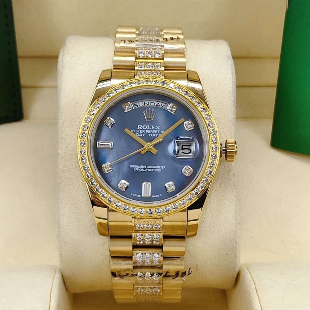 DayDate 36mm AAA automatic 2813 gold case blue pearl dial diamonds strap S040