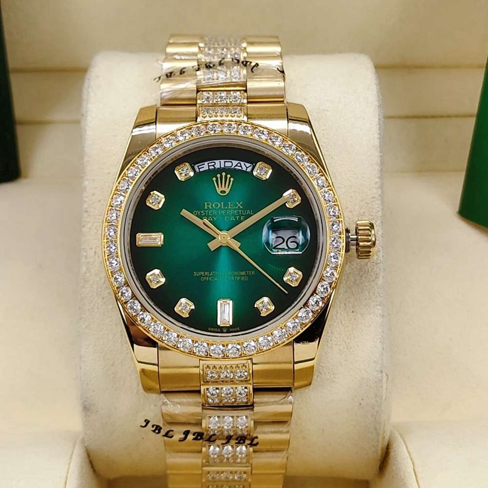 DayDate 36mm gold case green dial diamonds bezel stone numbers AAA automatic S040