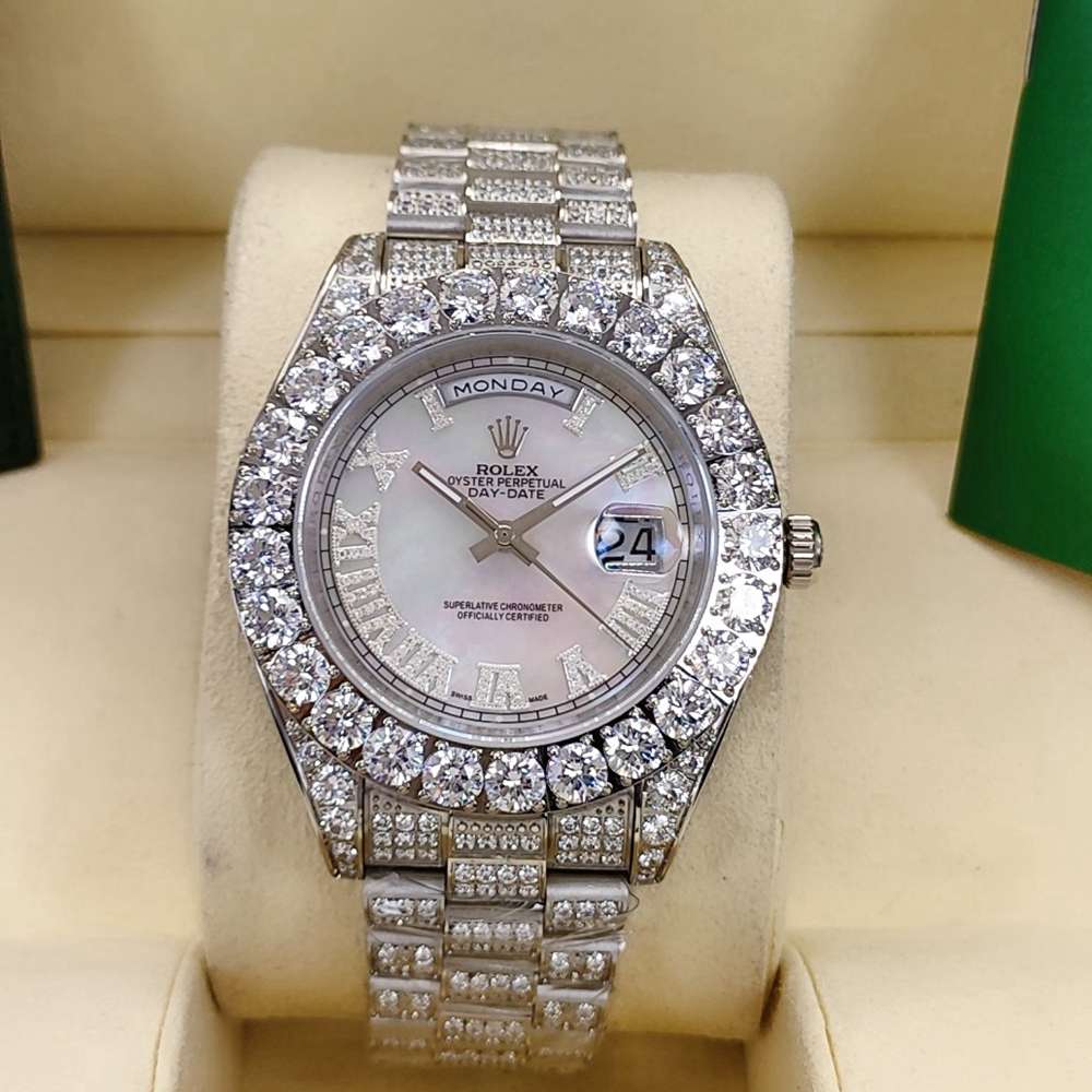 DayDate 43mm iced out silver case white pearl dial diamonds Roman numbers AAA S095