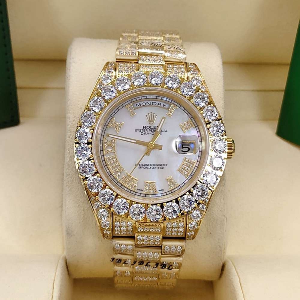 DayDate 43mm full diamonds gold case white dial Roman numbers AAA automatic S095