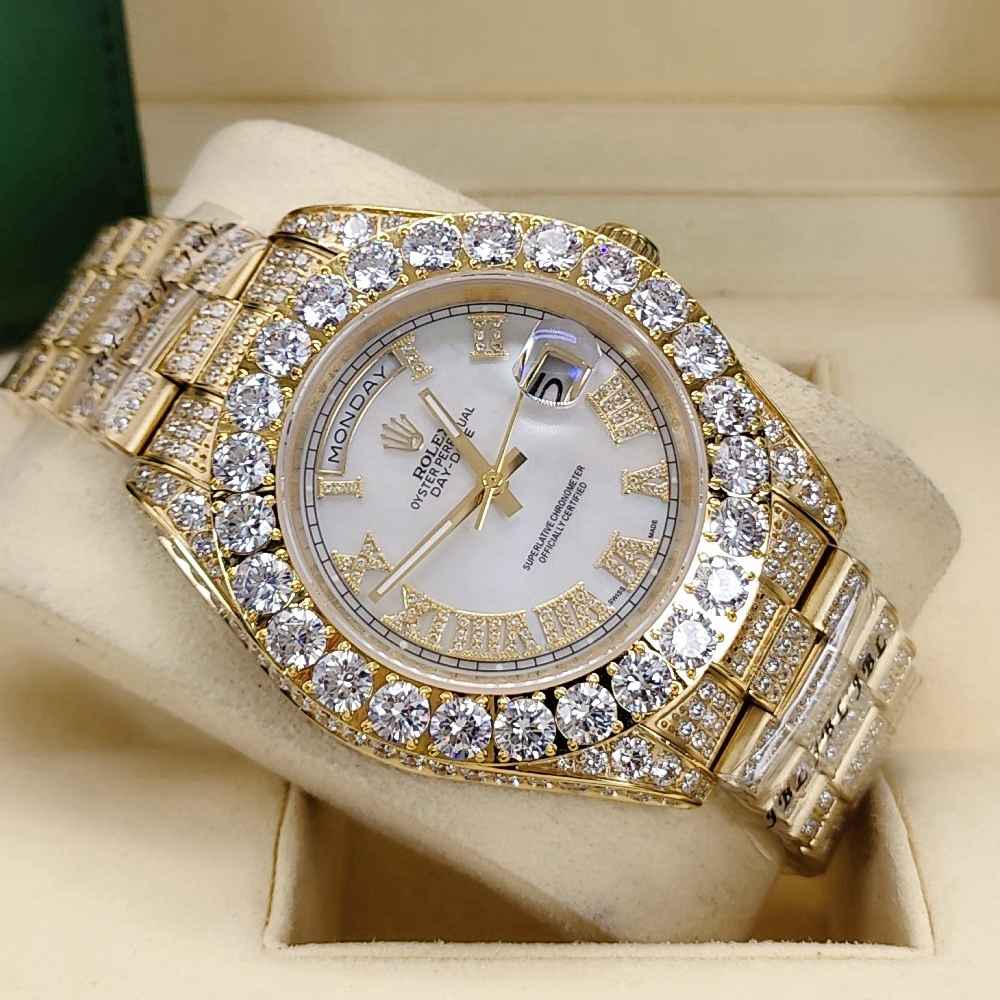 DayDate 43mm full diamonds gold case white dial Roman numbers AAA automatic S095