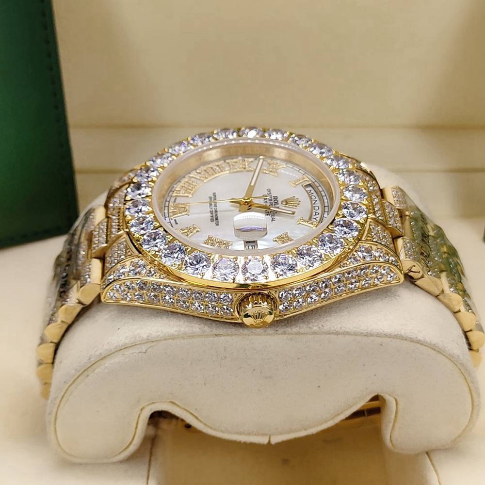 DayDate 43mm full diamonds gold case white dial Roman numbers AAA automatic S095