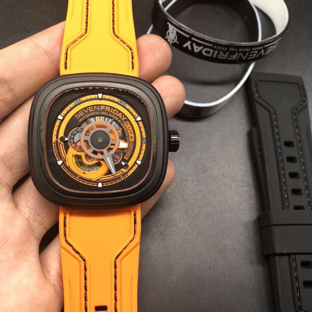 SevenFriday 47mm black case orange dial orange rubber strap Miyota automatic 8215 M100HZ