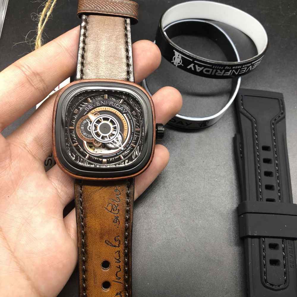 SevenFriday black dial 47mm brown leather strap Miyota automatic 8215 movement M100HZ