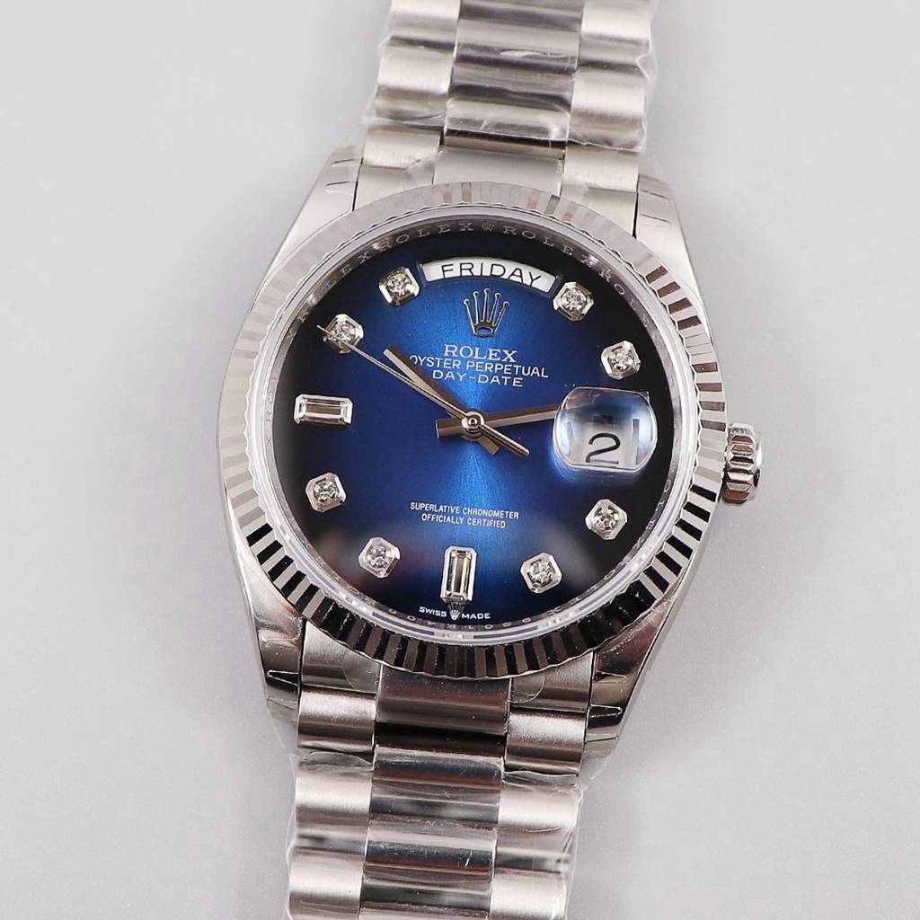 DayDate 36mm EW 3255 automatic silver case blue dial diamonds numbers president band WT135