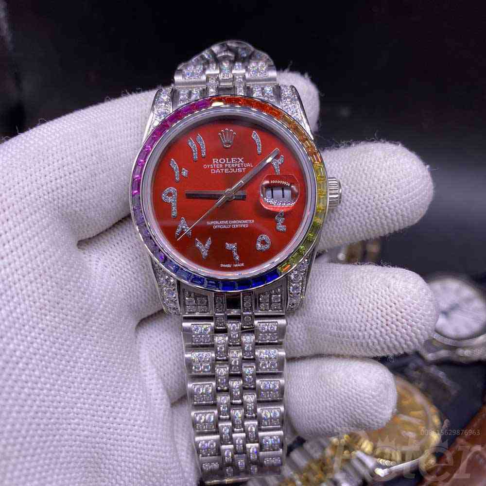 Datejust iced out 36mm silver case red dial rainbow baguette diamonds bezel jubilee band MH105