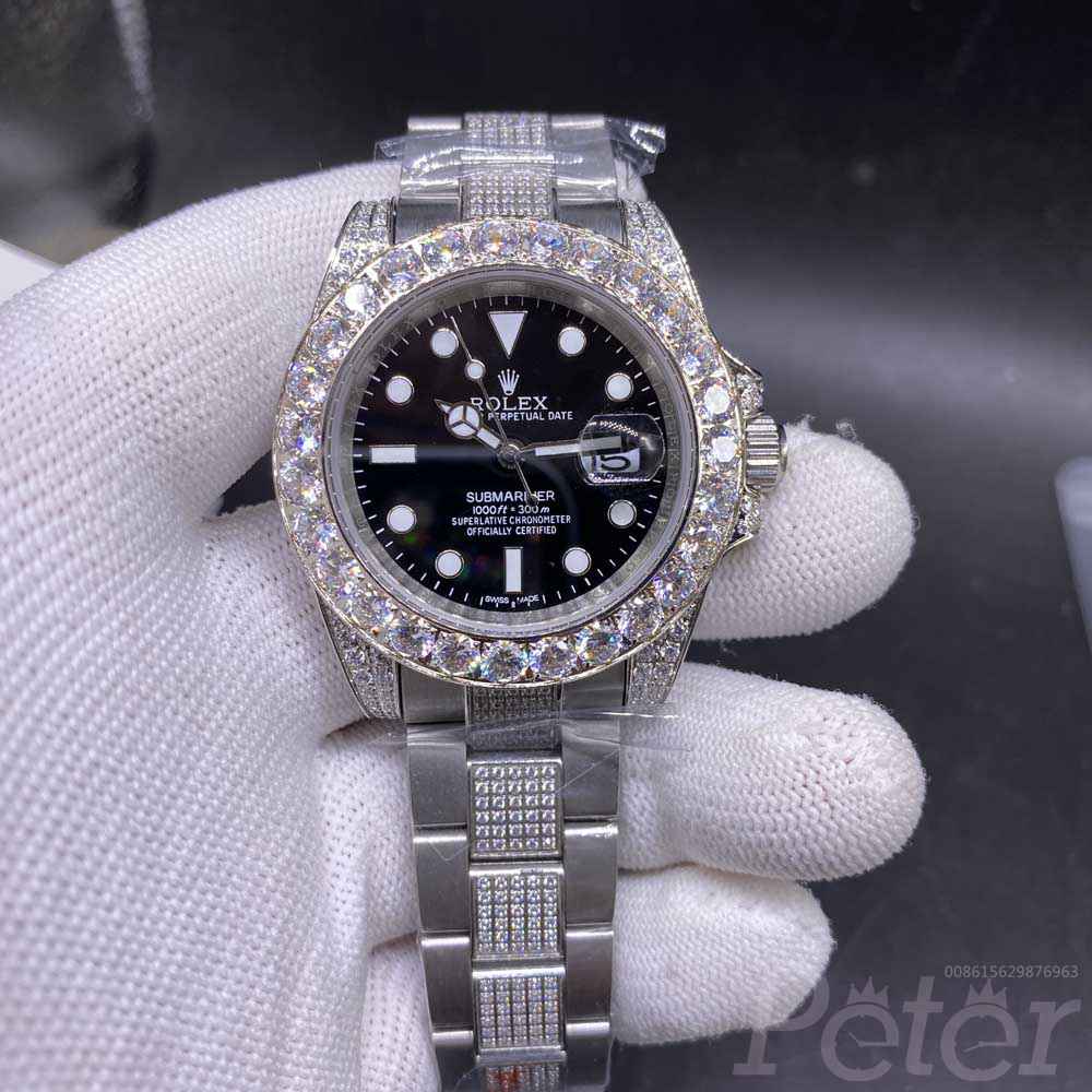 SUB 40mm diamonds bezel stainless steel silver case black dial zircon stones strap AAA MH075