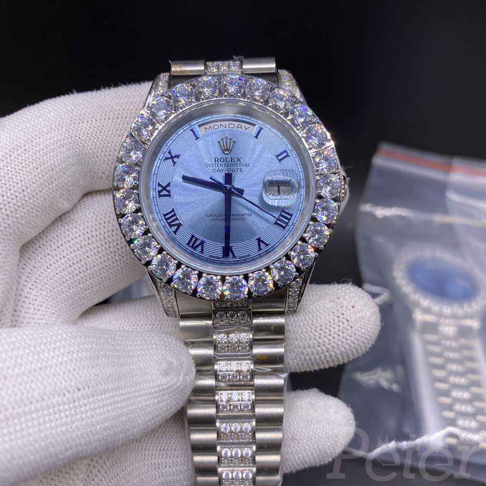 DayDate 43mm prongset diamonds bezel blue face roman numbers AAA automatic S040