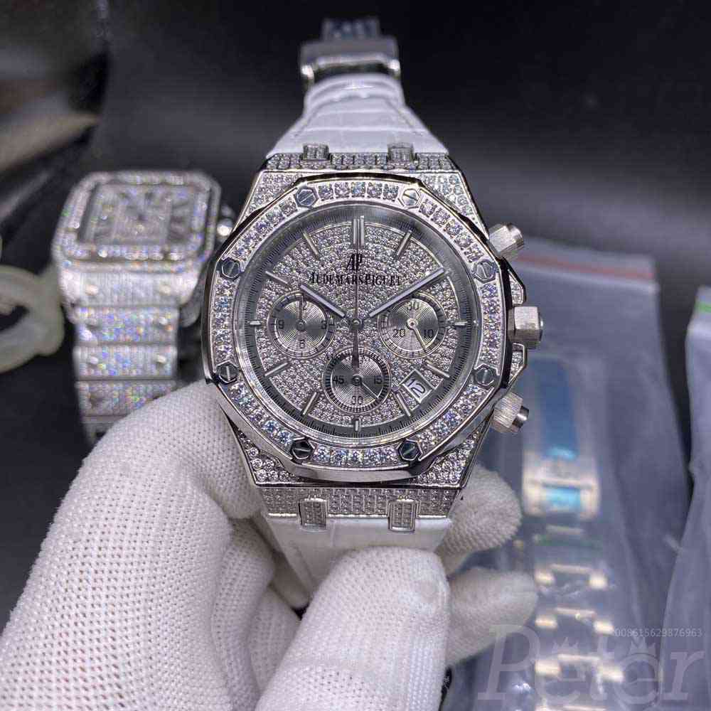 AP diamonds silver case 42mm vk quartz chronograph men stopwatch white leather band XJ073