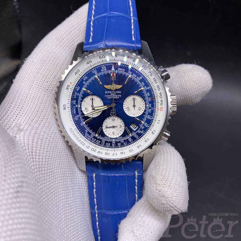 Breitling silver/blue 46mm Chronograph quartz movement blue leather strap men's stopwatch M025