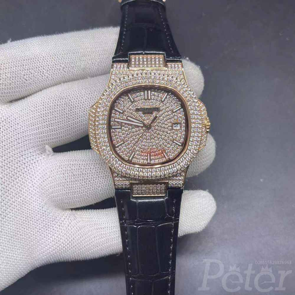 Patek iced out rose gold case 40mm diamonds face black leather strap men shiny watch XJ075