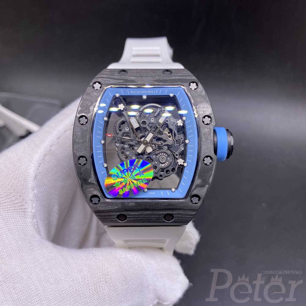 RM055 automatic carbon black case 42x50mm white rubber strap skeleton men watch XD135