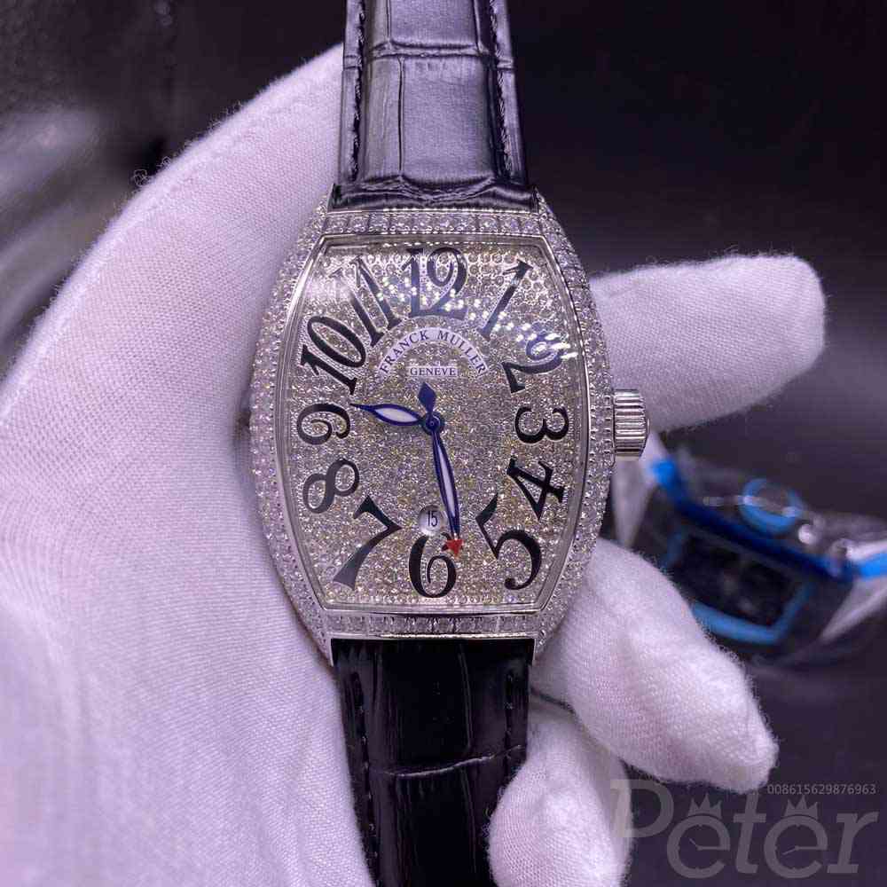 FM diamonds silver case 39x46mm AAA automatic movement with black leather band WS048