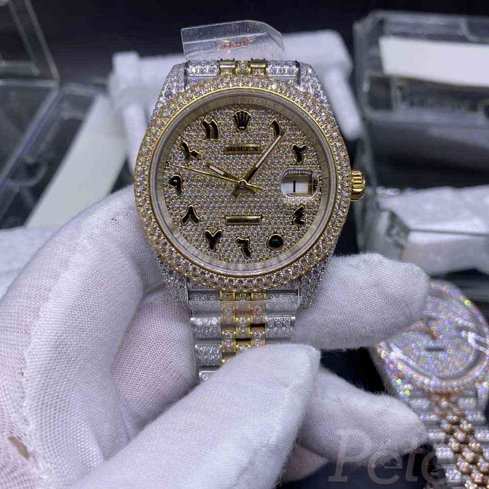 Datejust swarovski diamonds gold two tone case 40mm gold face arabic numbers jubilee band XD28
