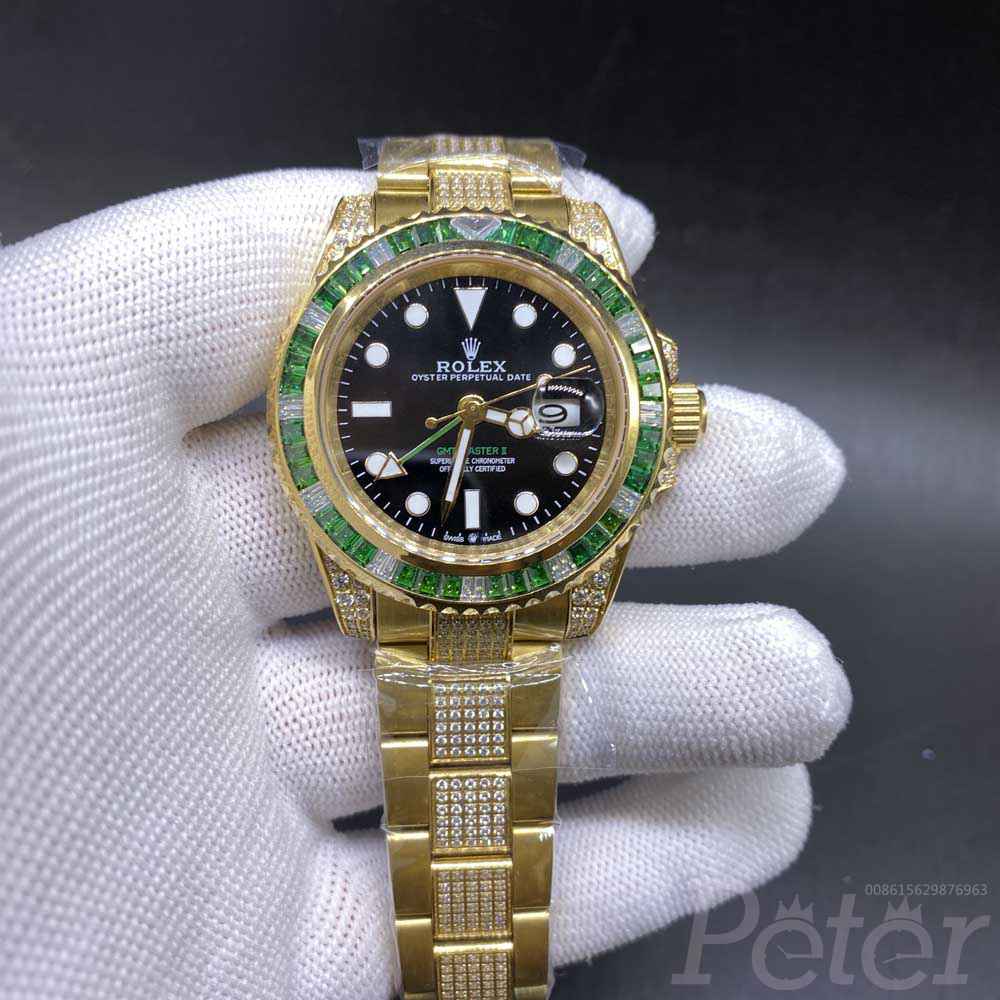 GMT gold case 41mm black dial green baguette diamonds bezel AAA 2813 movement MH080