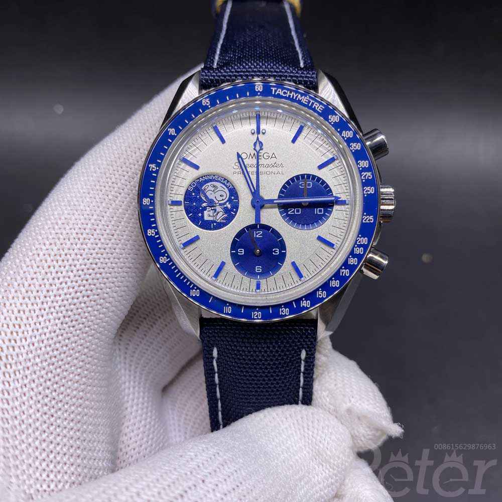 Omega Speedmaster 40mm Snoopy auto 7750 full works stopwatch blue bezel blue leather WT155