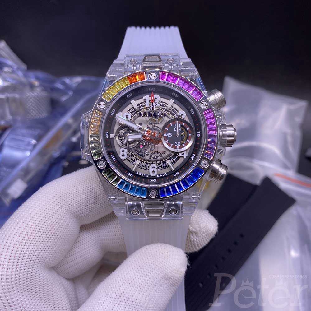 Hublot Big Bang rainbow baguette diamonds bezel 42mm see-through case 7750 full works XD190