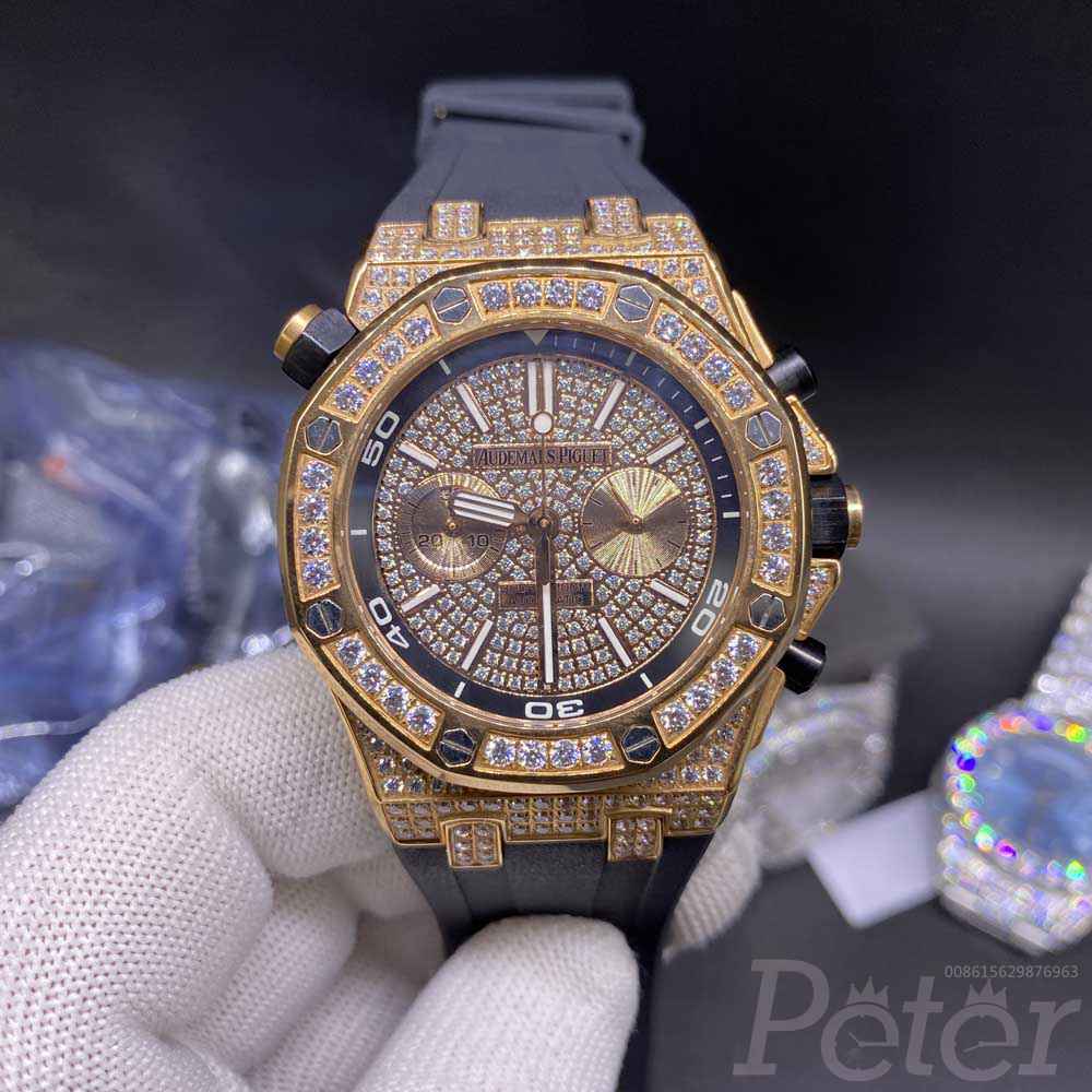 AP rose gold full diamonds vk quartz movement chronograph function stopwatch men size 42.5 JJ070